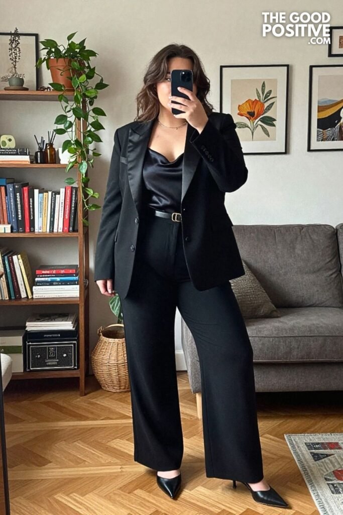 Tuxedo Blazer, Silk Camisole, and Wide-Leg Trousers