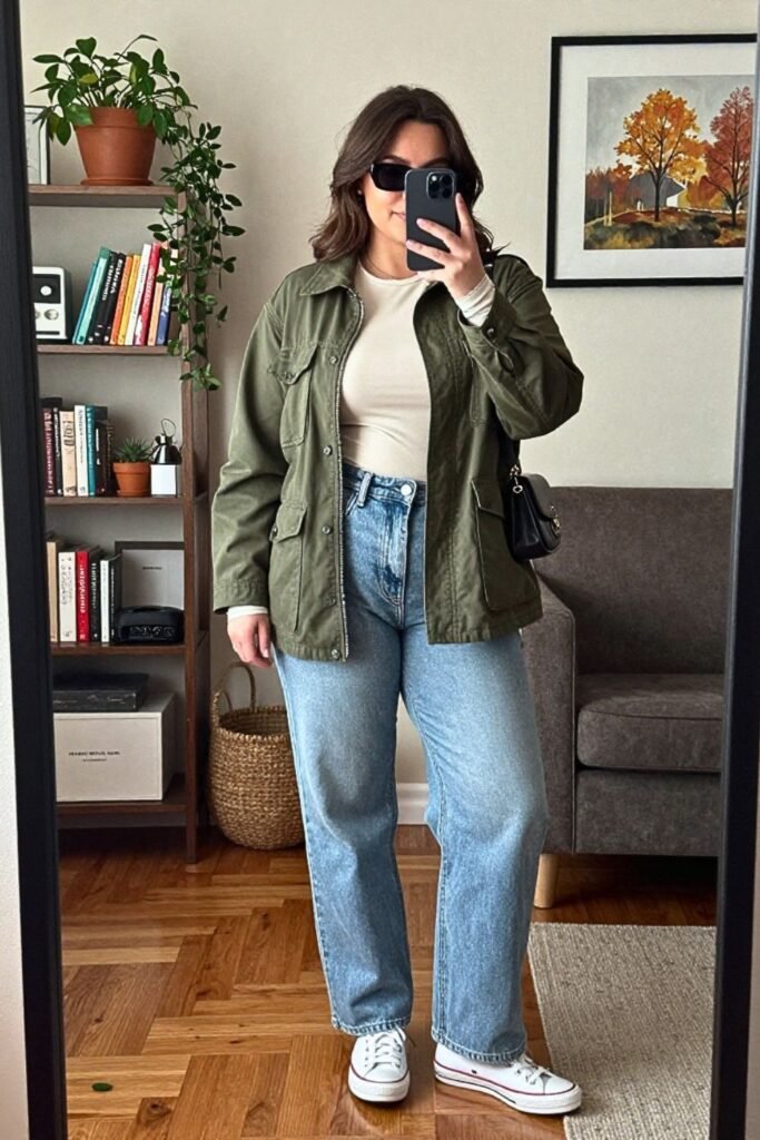 Utility Jacket, Straight-Leg Jeans, and Canvas Sneakers