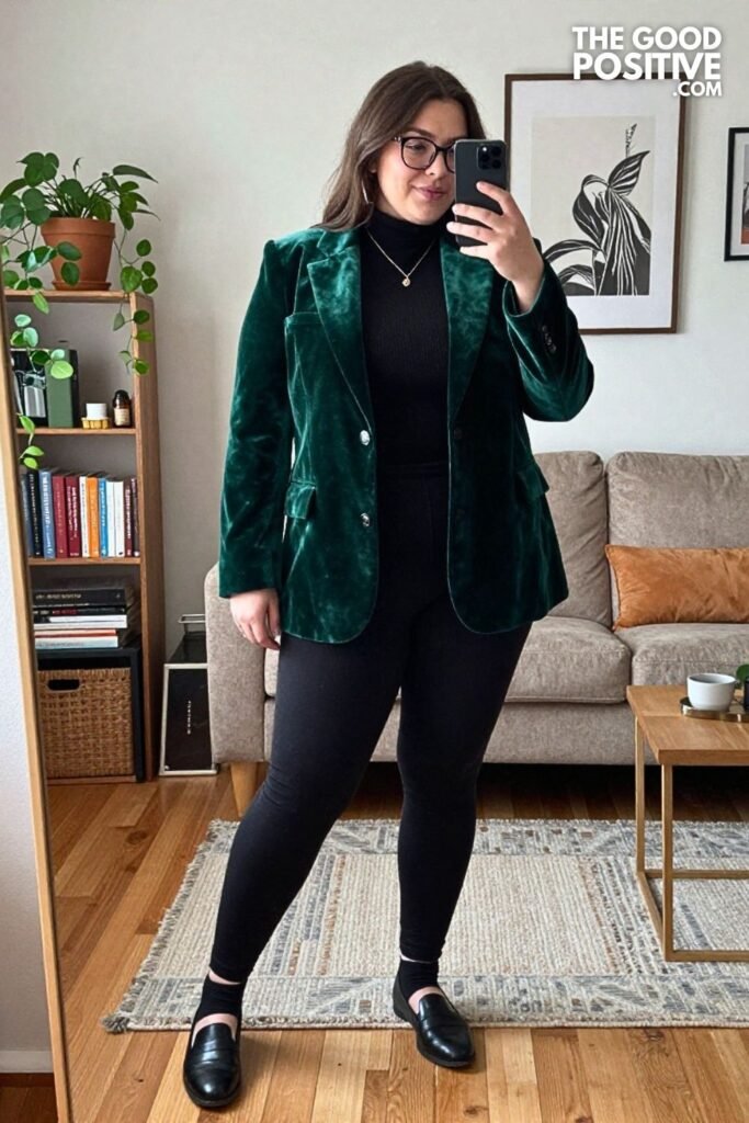 Velvet Blazer, Ribbed Turtleneck, and Stirrup Pants