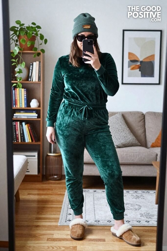 Velvet Lounge Set and Shearling Mule Slippers
