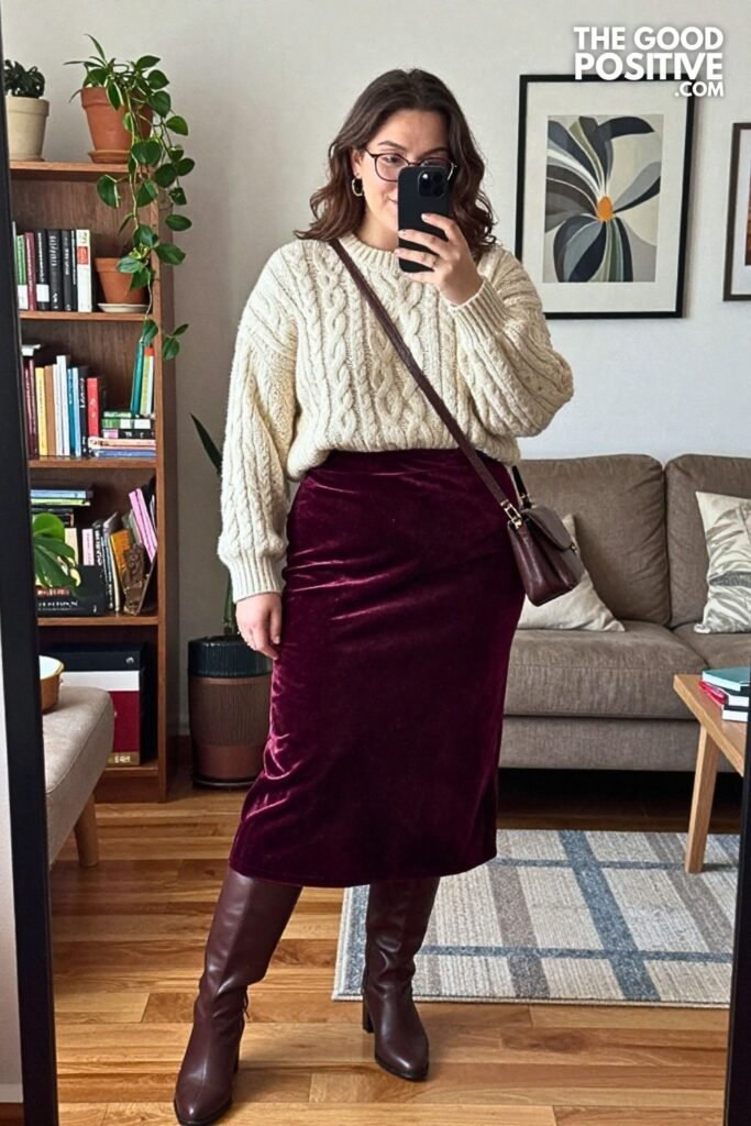 Velvet Midi Skirt, Chunky Sweater, and Knee Boots