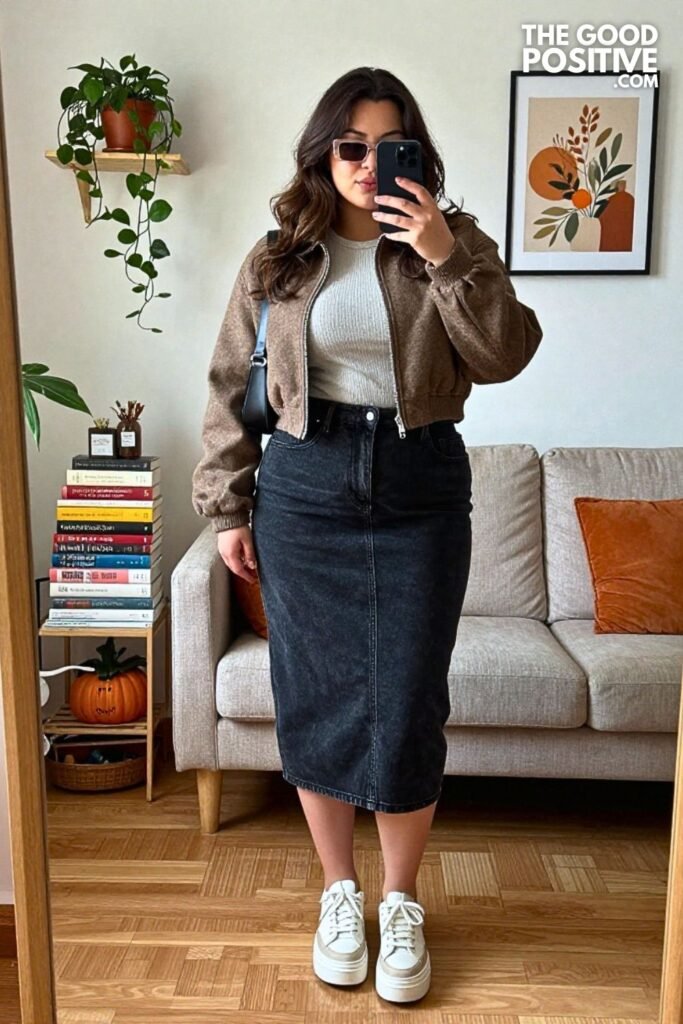 Washed Black Denim Pencil Skirt with Wool Bomber Jacket and Platform Sneakers