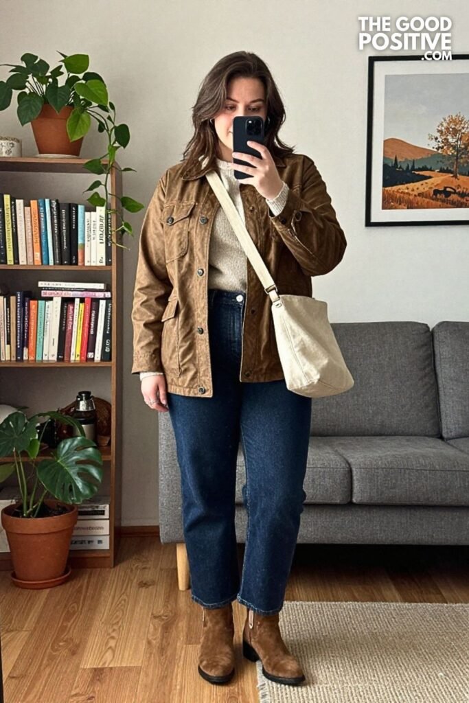 Waxed Cotton Field Jacket, Denim, and Suede Ankle Boots