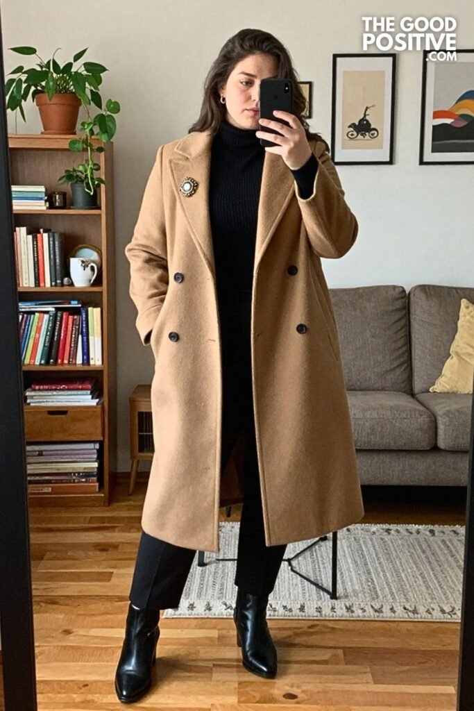 Wool Coat with Brooch, Turtleneck, and Tailored Trousers