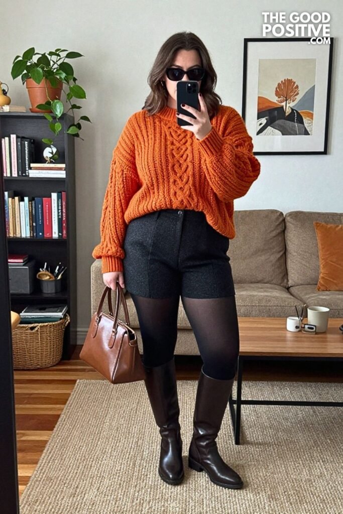 Wool Shorts, Tights, Chunky Sweater, and Tall Boots