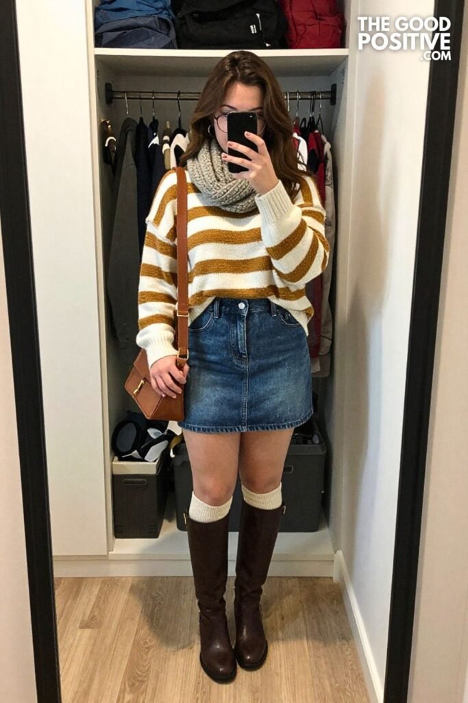 Amber Rugby Sweater with Chestnut A-Line Denim Skirt
