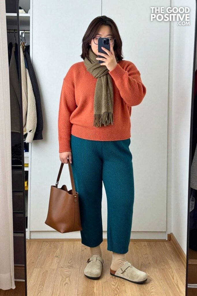 Apricot Mock Neck with Deep Teal Knit Pants