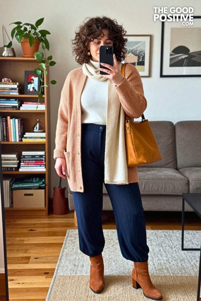 Apricot Textured Cardigan with Midnight Blue Pleated Trousers
