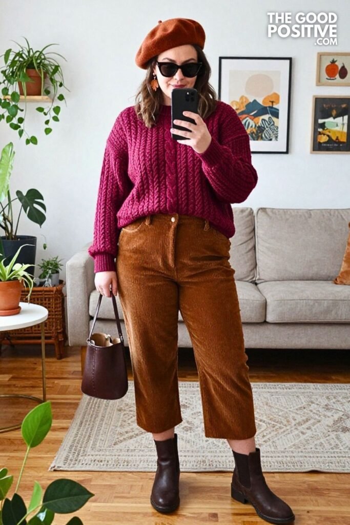Aubergine Cable Knit with Tobacco Corduroy Culottes