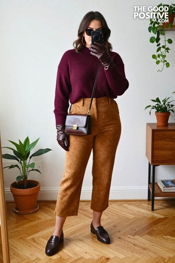 Aubergine Funnel-Neck Sweater with Chestnut Twill Culottes