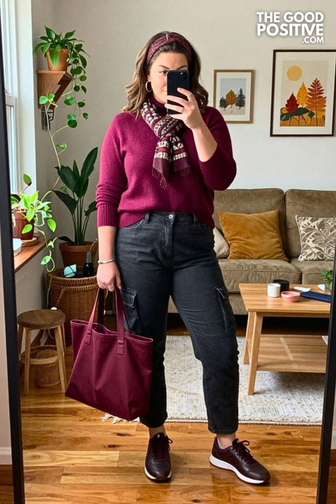 Aubergine Mock Neck with Ecru Carpenter Pants