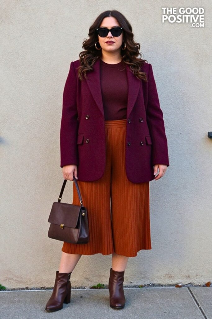 Aubergine Wool Blazer With Rust Pleated Culottes