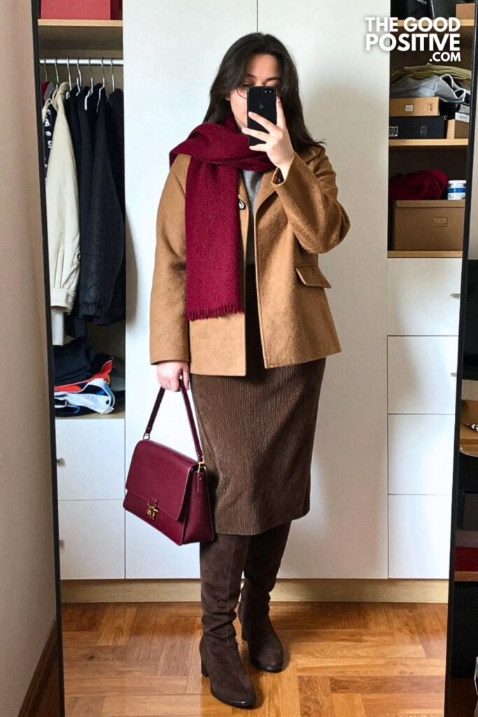Berry Knit Jacket with Walnut Corduroy Midi Skirt
