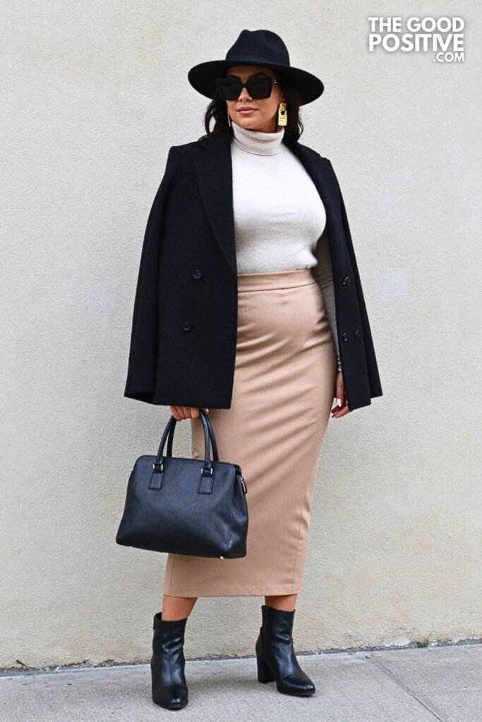 Black Cashmere Cape with Cinnamon Tailored Maxi Skirt