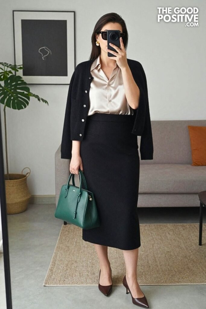Black Cashmere Cardigan with Champagne Satin Blouse and Black Wool Midi Skirt