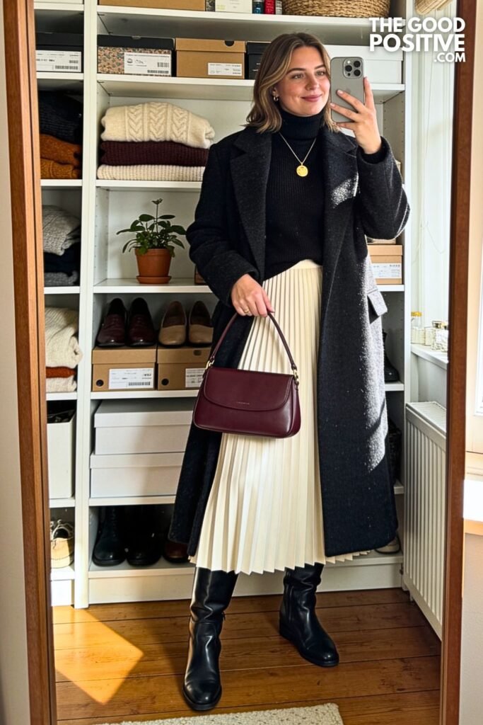Black Cashmere Turtleneck with Ivory Pleated Maxi Skirt