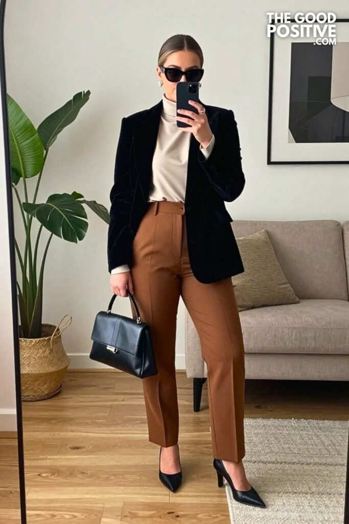 Black Velvet Jacket with Champagne High-Neck Blouse and Walnut Tailored Trousers