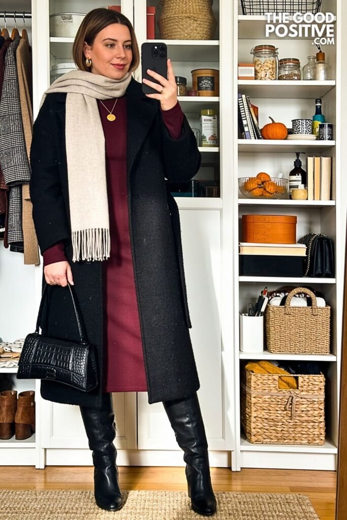 Black Wool Maxi Coat with Merlot Column Dress