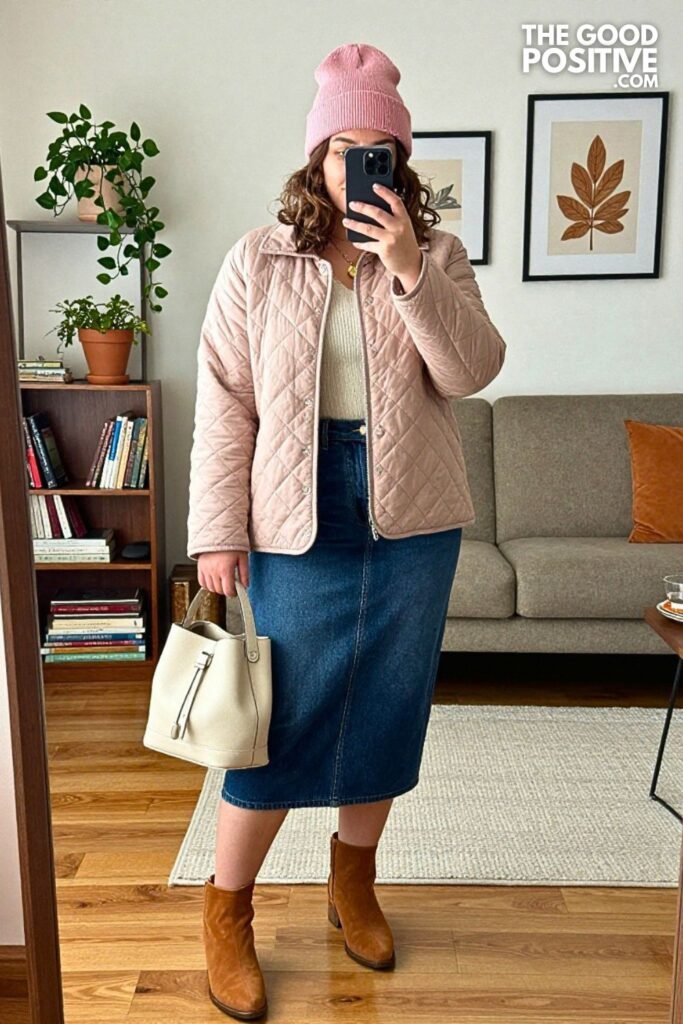 Blush Pink Quilted Jacket with Indigo Denim Midi Skirt