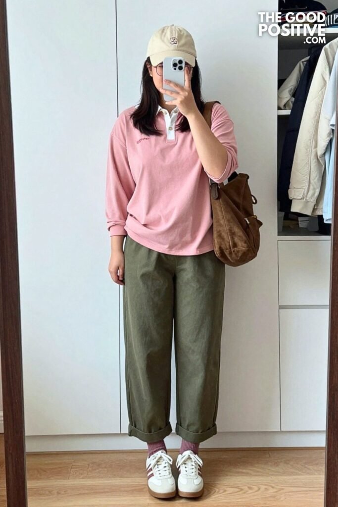 Blush Pink Rugby Shirt with Olive Wide-Leg Trousers