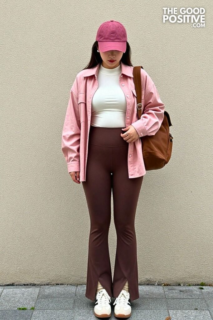 Blush Pink Shacket with Cocoa Flared Leggings