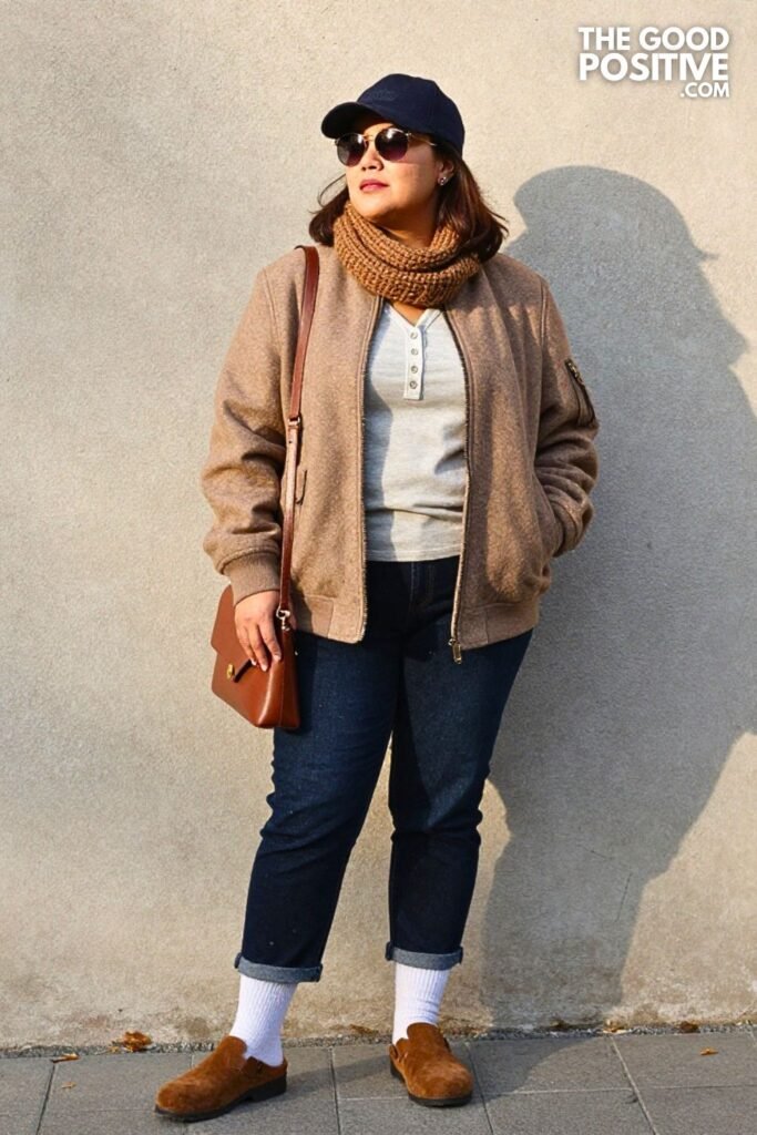 Boiled Wool Bomber with Pintuck Jeans and Suede Clog Mules