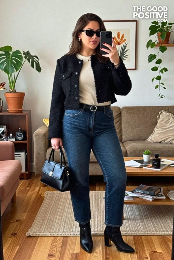 Bouclé Cropped Jacket With Pintuck Jeans