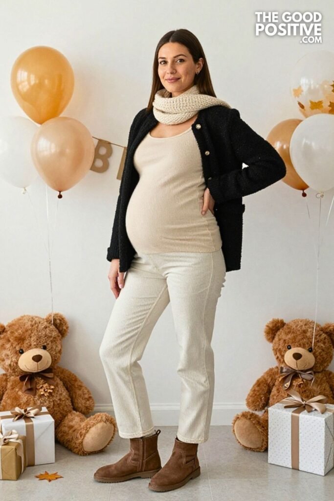 Bouclé Sweater Jacket with Straight Maternity Jeans and Moc Toe Boots