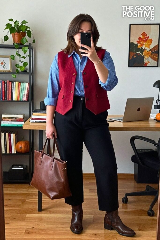 Brick Red Funnel Vest with Pinstripe Shirt and Full-Length Wide Trousers