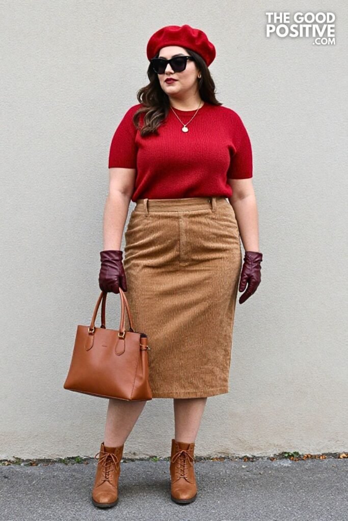 Brick Red Knit Tee with A-Line Corduroy Skirt
