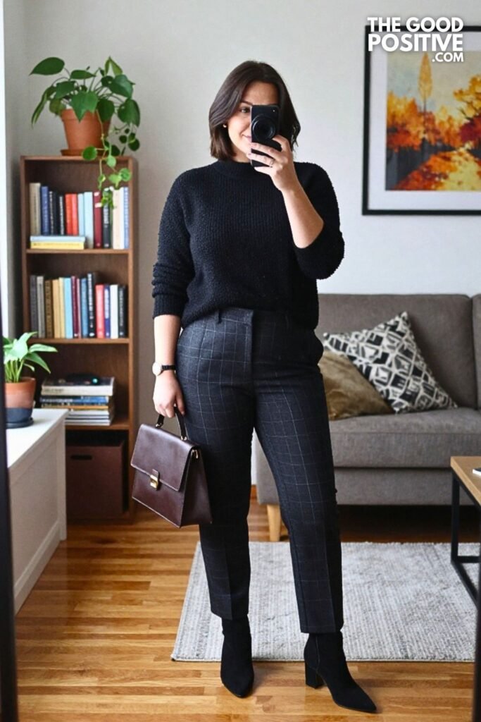 Brick Shacket with Windowpane Trousers and Split-Toe Ankle Boots