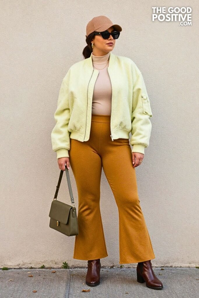 Bright Eucalyptus Wool Bomber with Amber Knit Flare Pants