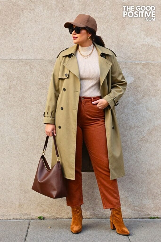 Bright Olive Cropped Trench with Terracotta Barrel Jeans