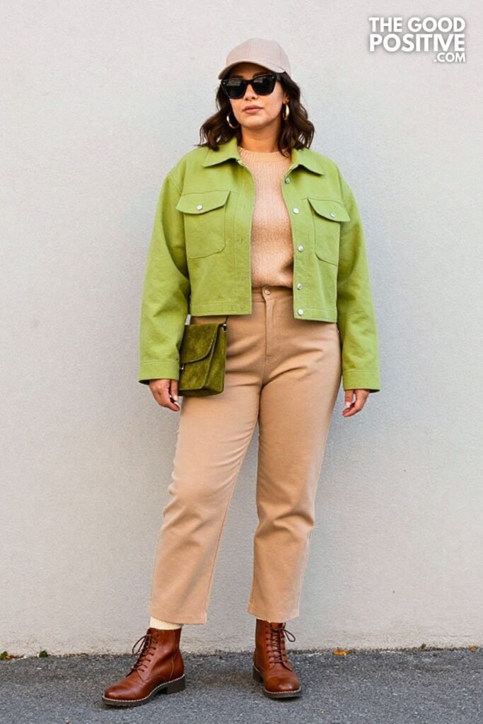 Bright Sage Utility Shacket with Apricot Knit Set
