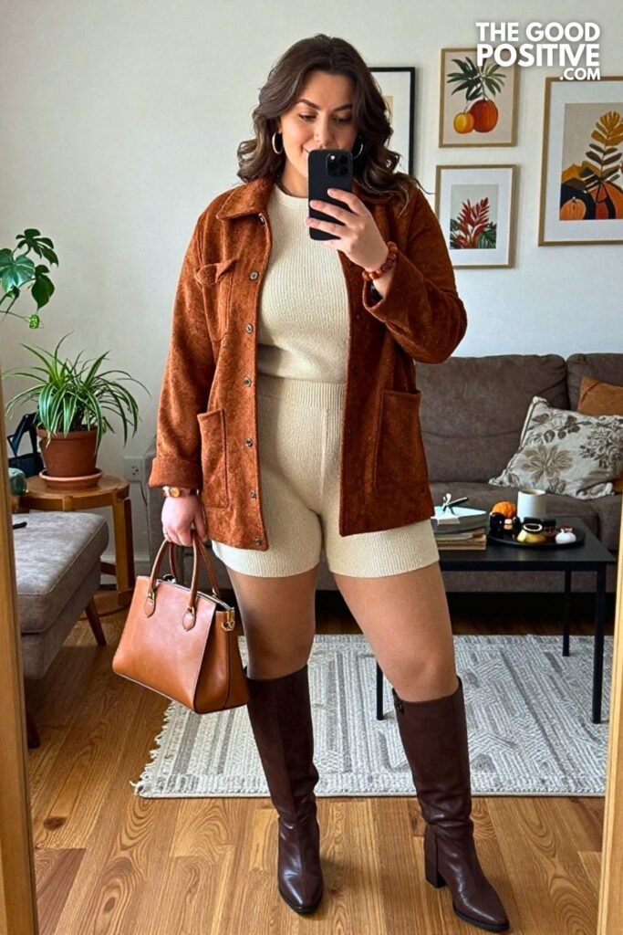 Bronze Bouclé Jacket with Moss Knit Shorts