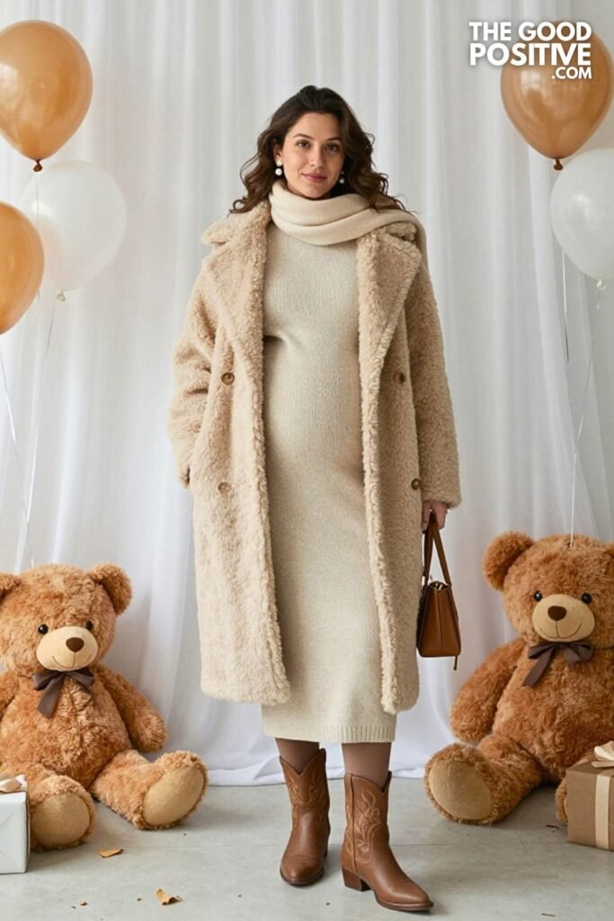 Brushed Knit Maxi Dress with Teddy Coat and Western Ankle Boots