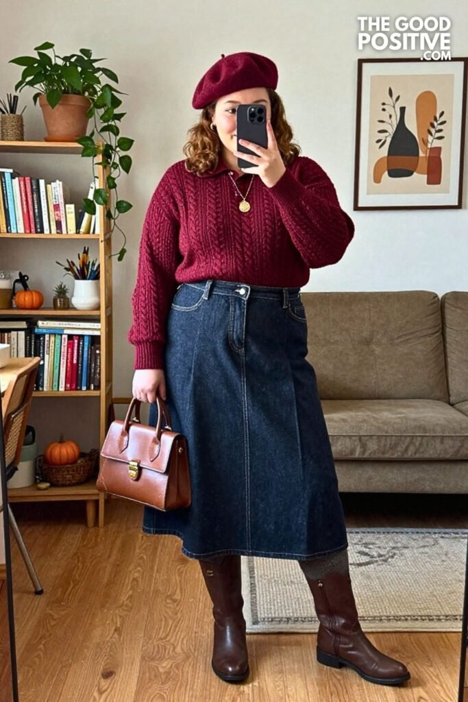 Burgundy Cable Knit Polo with Pleated Denim Midi Skirt and Riding Boots