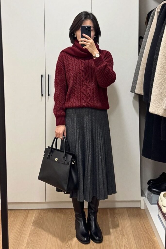 Burgundy Cable Knit with Charcoal Pleated Midi Skirt