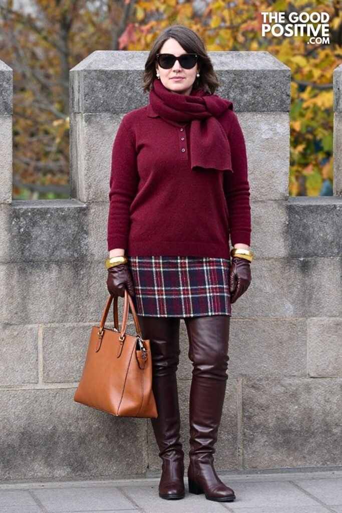 Burgundy Cashmere Polo with Glen Plaid Midi Skirt