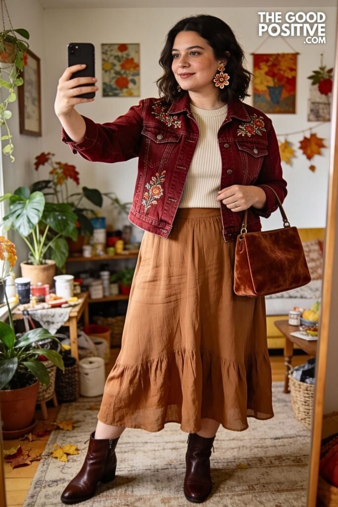 Burgundy Embroidered Denim Jacket with Caramel Maxi Skirt