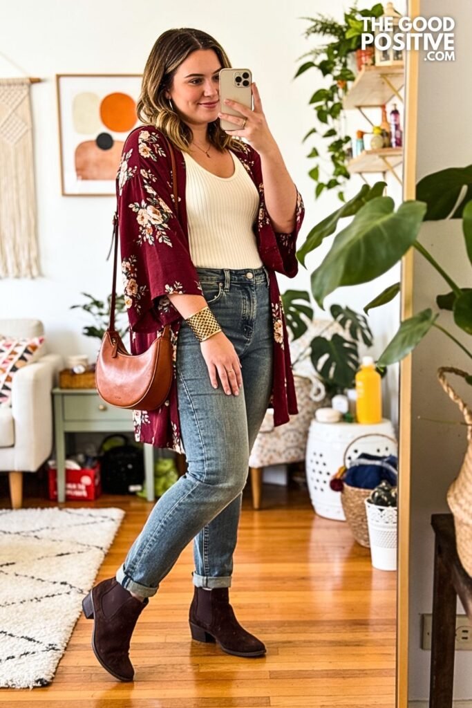 Burgundy Floral Kimono with Straight-Leg Jeans and Knit Tank