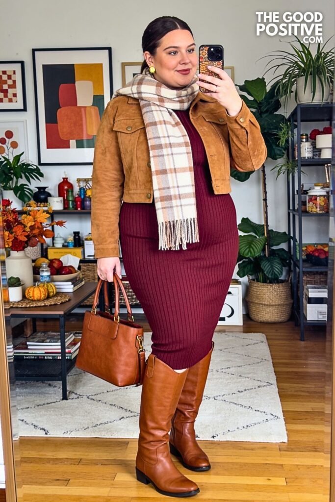 Burgundy Knit Dress with Camel Riding Boots