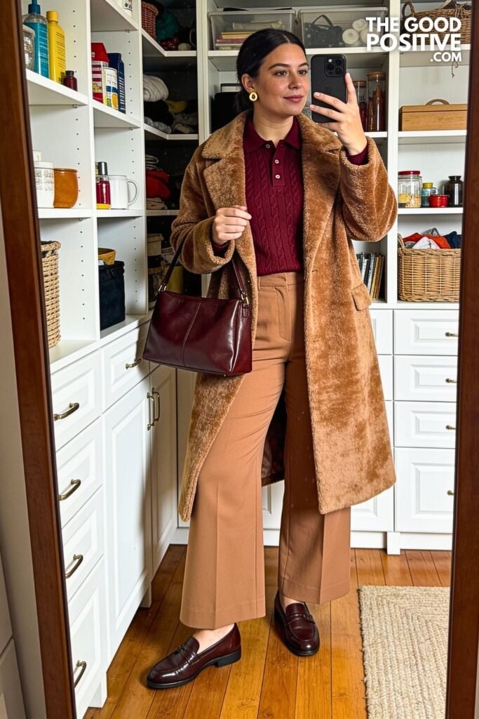 Burgundy Knit Polo With Warm Taupe Wide-Leg Trousers