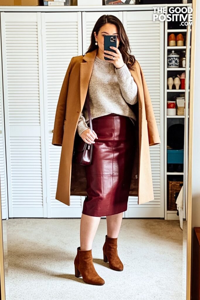 Burgundy Leather Midi Skirt with Soft Oatmeal Sweater