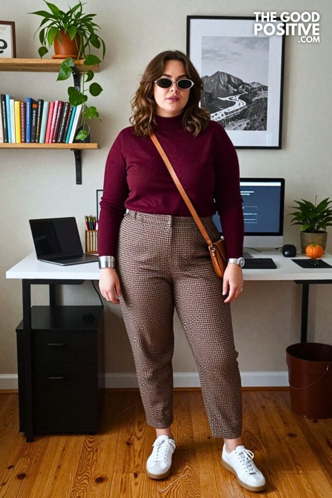 Burgundy Mock Neck Knit with Checked Barrel Trousers and White Sneakers