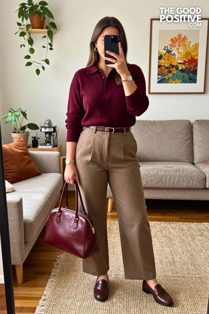 Burgundy Polo Sweater with Stone Wide-Leg Trousers