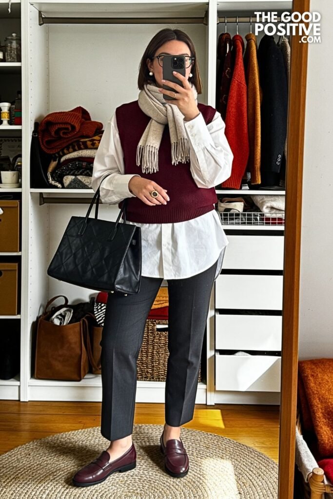 Burgundy Sweater Vest with Crisp Poplin Shirt