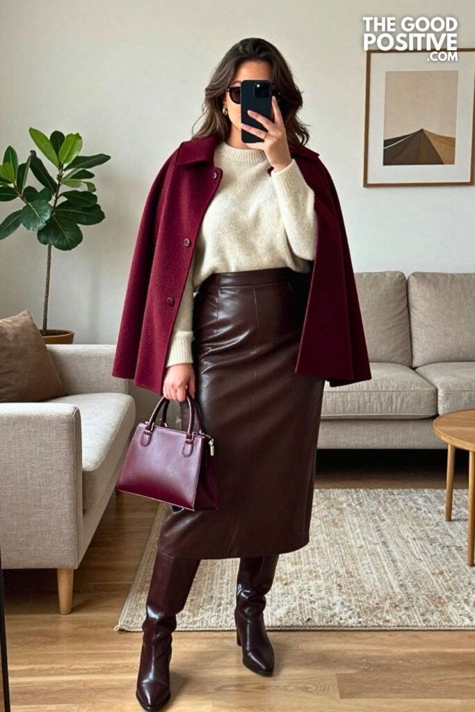 Burgundy Wool Cape with Ivory Cashmere Sweater and Chocolate Leather Midi Skirt