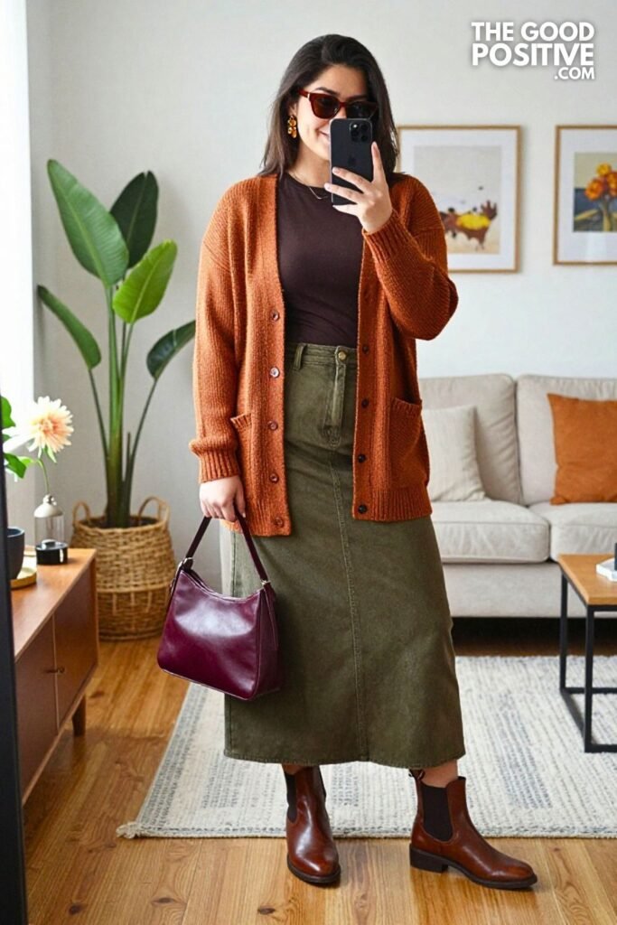 Burnished Copper Cardigan with Olive Denim Maxi Skirt