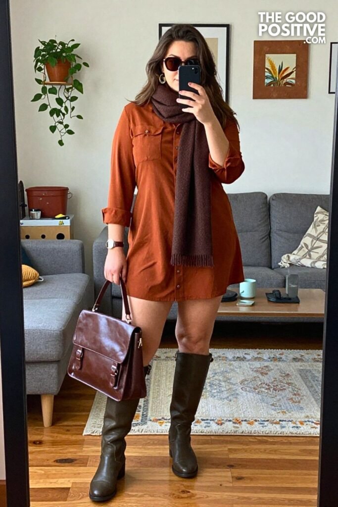 Burnt Cinnamon Shirt Dress with Dark Olive Riding Boots